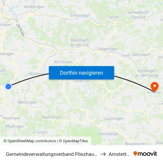 Gemeindeverwaltungsverband Pliezhausen to Amstetten map