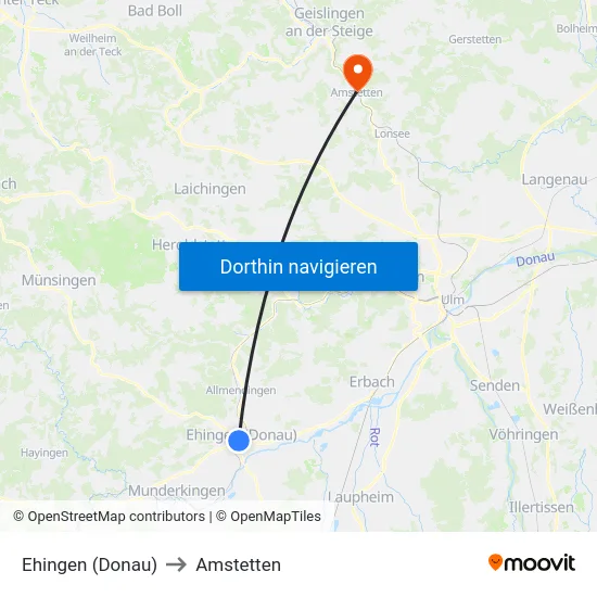 Ehingen (Donau) to Amstetten map