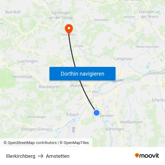 Illerkirchberg to Amstetten map