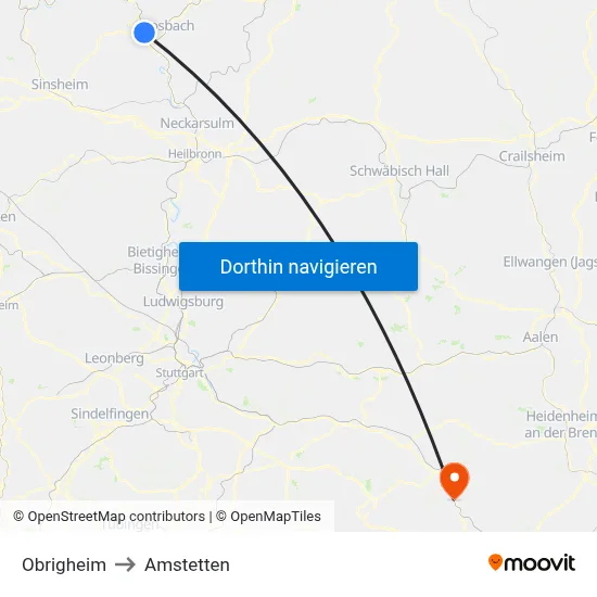 Obrigheim to Amstetten map
