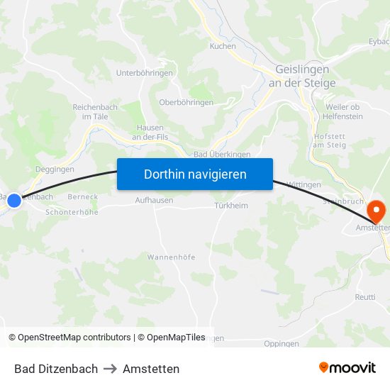 Bad Ditzenbach to Amstetten map