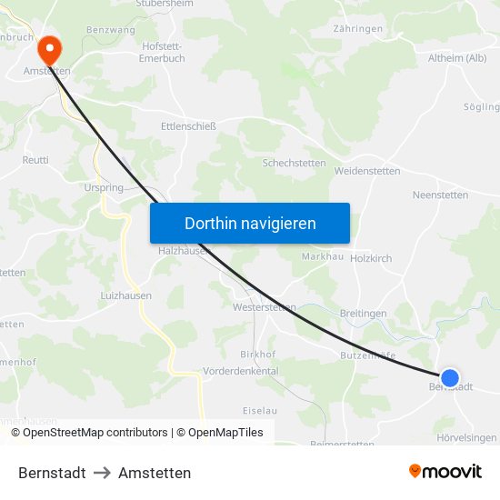 Bernstadt to Amstetten map