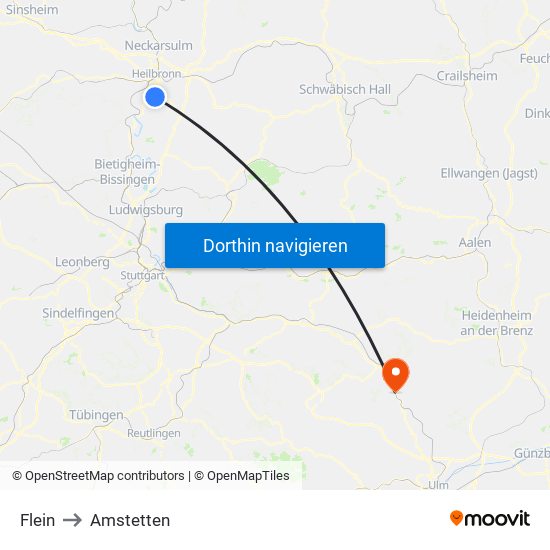 Flein to Amstetten map