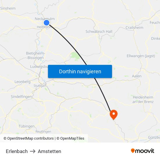 Erlenbach to Amstetten map