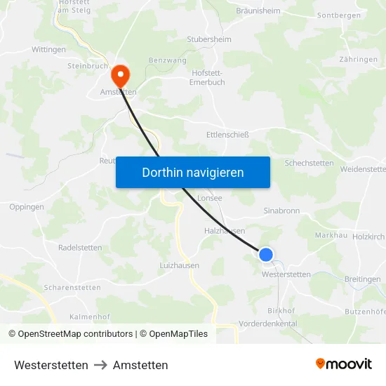 Westerstetten to Amstetten map