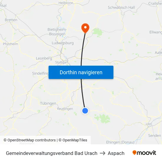 Gemeindeverwaltungsverband Bad Urach to Aspach map