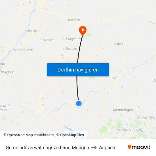 Gemeindeverwaltungsverband Mengen to Aspach map