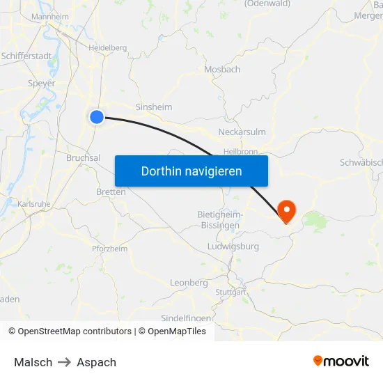 Malsch to Aspach map