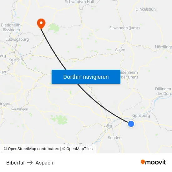 Bibertal to Aspach map