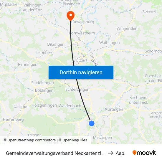 Gemeindeverwaltungsverband Neckartenzlingen to Asperg map