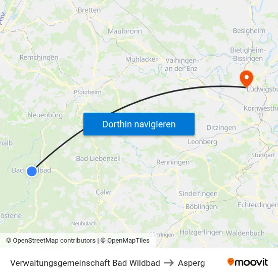 Verwaltungsgemeinschaft Bad Wildbad to Asperg map