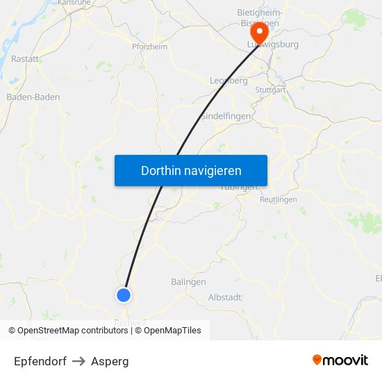 Epfendorf to Asperg map