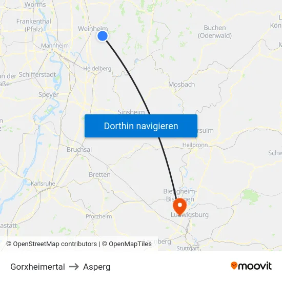 Gorxheimertal to Asperg map