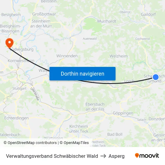Verwaltungsverband Schwäbischer Wald to Asperg map