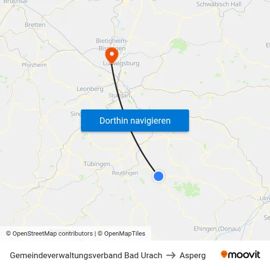 Gemeindeverwaltungsverband Bad Urach to Asperg map