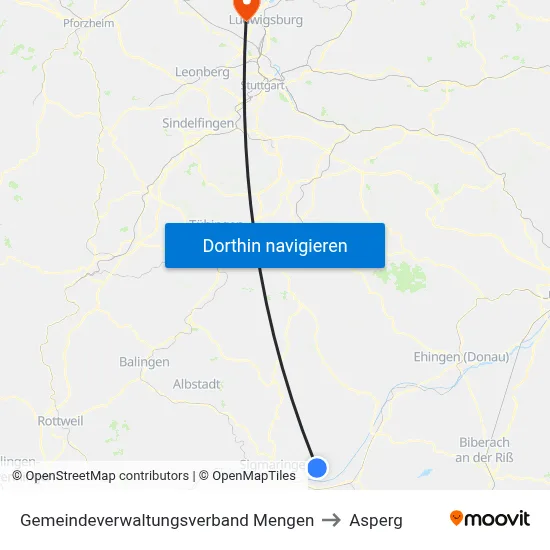 Gemeindeverwaltungsverband Mengen to Asperg map