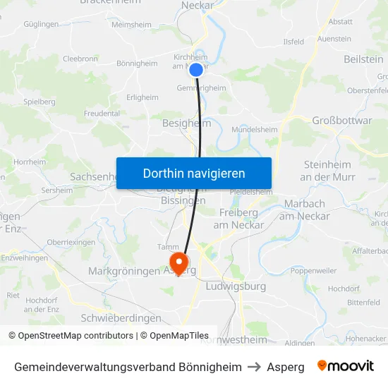 Gemeindeverwaltungsverband Bönnigheim to Asperg map