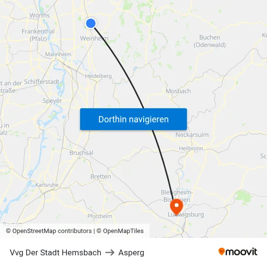 Vvg Der Stadt Hemsbach to Asperg map