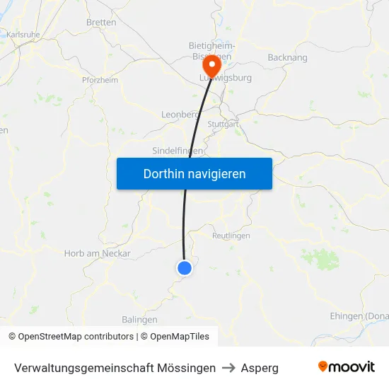 Verwaltungsgemeinschaft Mössingen to Asperg map