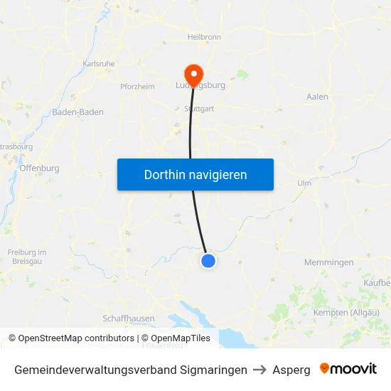 Gemeindeverwaltungsverband Sigmaringen to Asperg map
