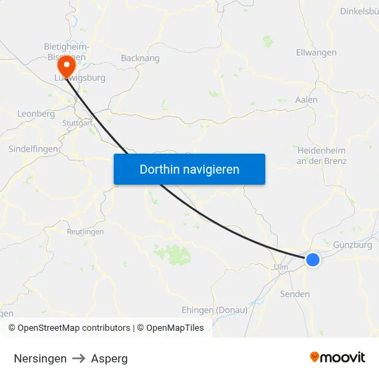 Nersingen to Asperg map