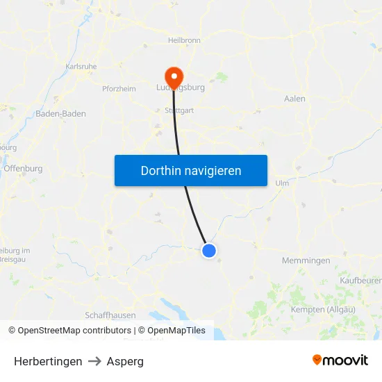 Herbertingen to Asperg map