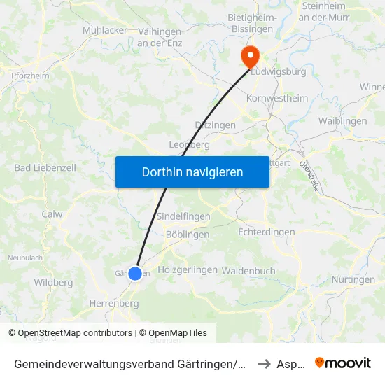 Gemeindeverwaltungsverband Gärtringen/Ehningen to Asperg map