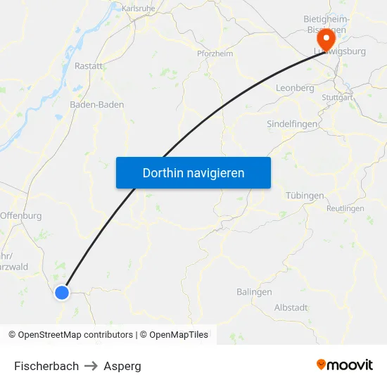 Fischerbach to Asperg map