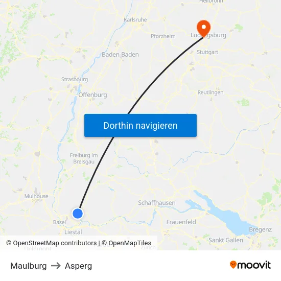 Maulburg to Asperg map