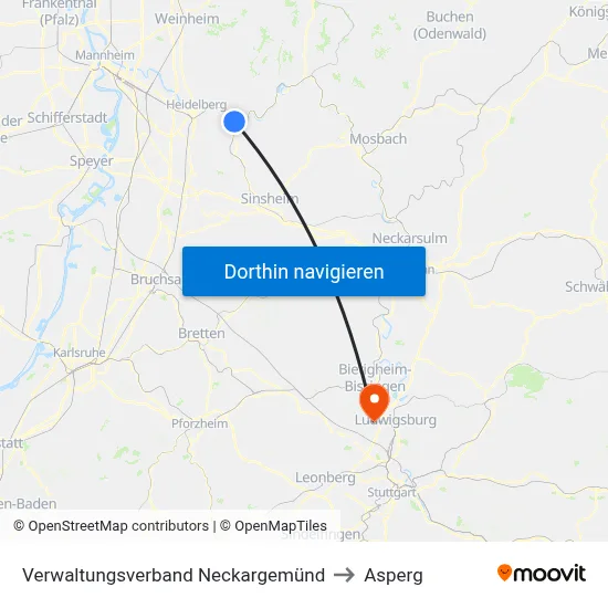 Verwaltungsverband Neckargemünd to Asperg map