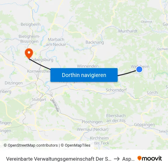 Vereinbarte Verwaltungsgemeinschaft Der Stadt Welzheim to Asperg map