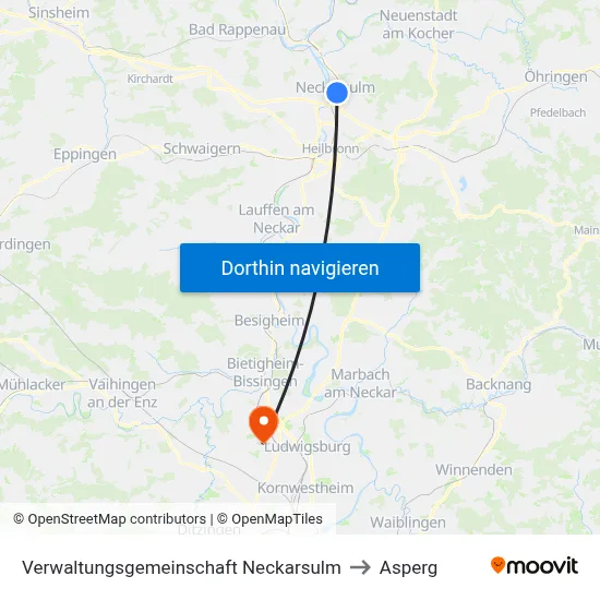 Verwaltungsgemeinschaft Neckarsulm to Asperg map