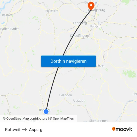 Rottweil to Asperg map