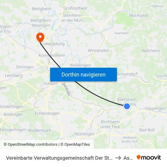 Vereinbarte Verwaltungsgemeinschaft Der Stadt Ebersbach An Der Fils to Asperg map