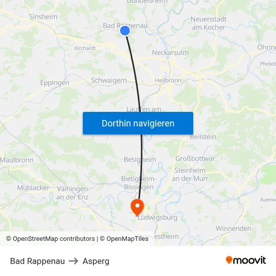 Bad Rappenau to Asperg map