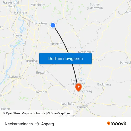 Neckarsteinach to Asperg map
