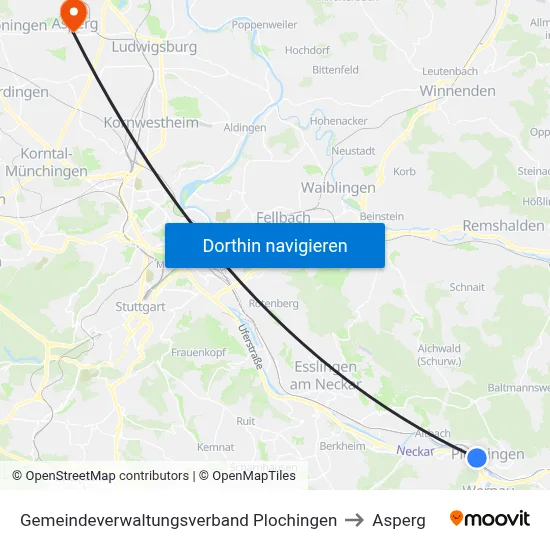 Gemeindeverwaltungsverband Plochingen to Asperg map