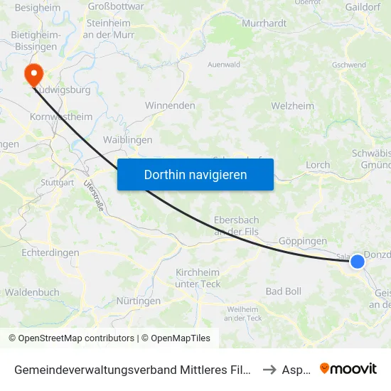 Gemeindeverwaltungsverband Mittleres Fils-Lautertal to Asperg map