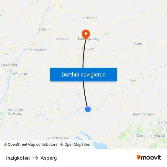 Inzigkofen to Asperg map