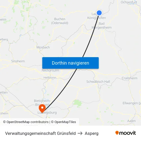 Verwaltungsgemeinschaft Grünsfeld to Asperg map