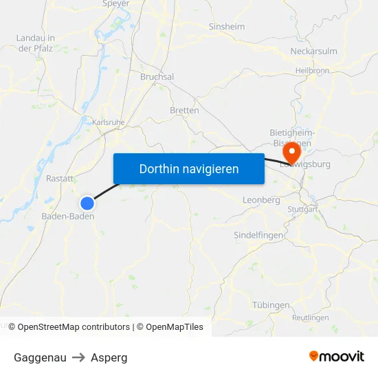 Gaggenau to Asperg map