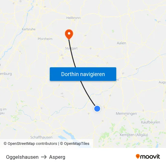 Oggelshausen to Asperg map