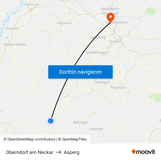 Oberndorf am Neckar to Asperg map