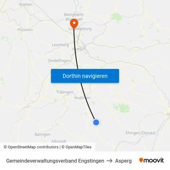 Gemeindeverwaltungsverband Engstingen to Asperg map