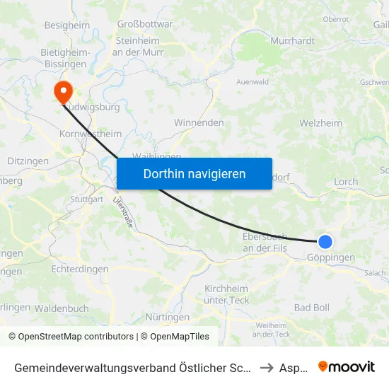 Gemeindeverwaltungsverband Östlicher Schurwald to Asperg map