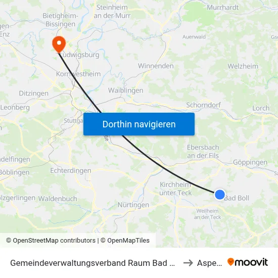 Gemeindeverwaltungsverband Raum Bad Boll to Asperg map