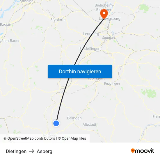 Dietingen to Asperg map