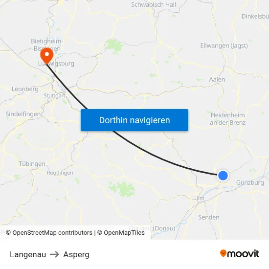 Langenau to Asperg map