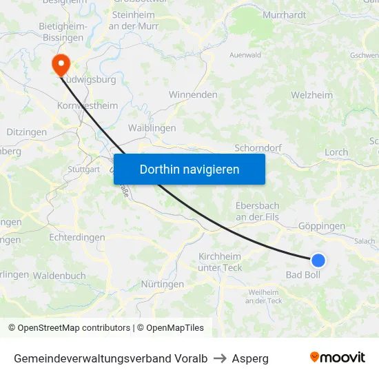 Gemeindeverwaltungsverband Voralb to Asperg map