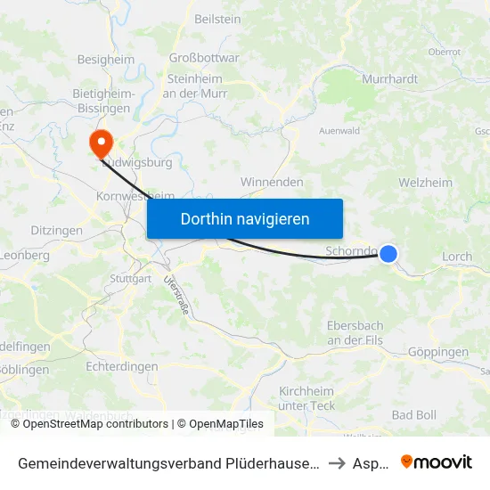 Gemeindeverwaltungsverband Plüderhausen-Urbach to Asperg map